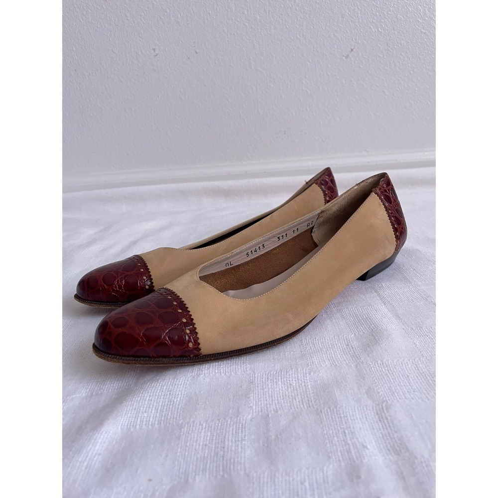 Salvatore Ferragamo Flats Vintage 90s Women 11 Tan Suede Croc Embossed Leather